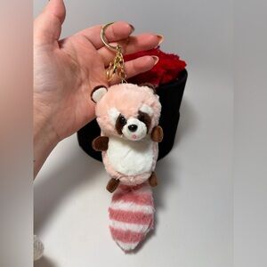 Plush Raccoon Bag Charm Keychain – Pink Faux Fur Tail Cute